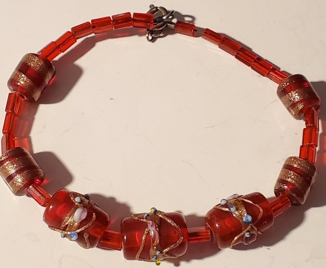 Pendentif Vintage En Verre (style Murano) Rouge Et Cuivre - Motif Bulles - Fabrication Artisanale - Occasion