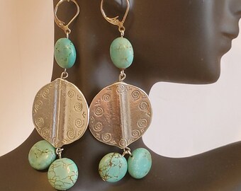 Stainless Steel Design Round Metal Turquoise Beads Dangle Earrings