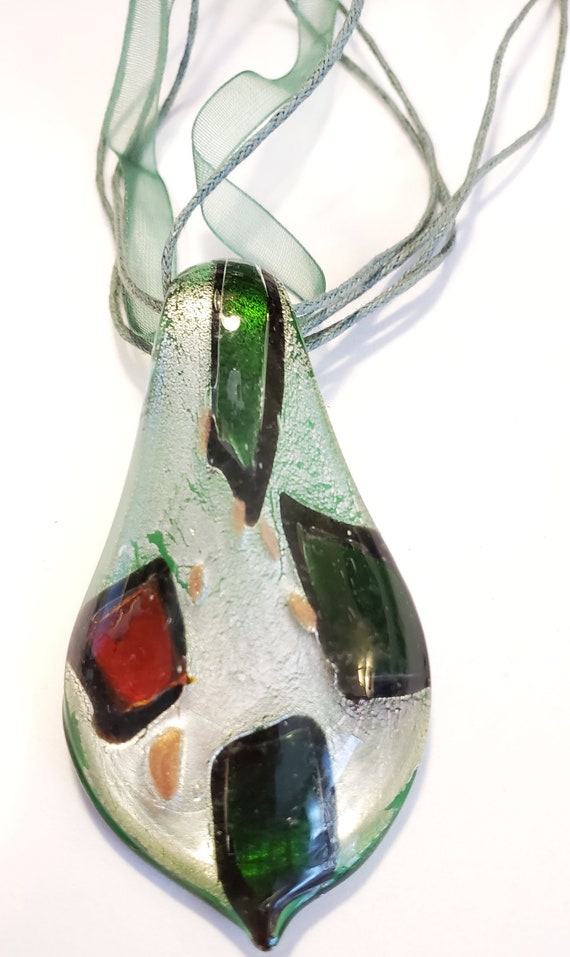 Murano Green Glass Teardrop Pendant Green Cord Nec