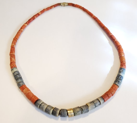 Coral Denim Blue Red Sponge Coral Brass Choker Necklace