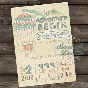 Vintage Hot Air balloon Adventure Invitation for Baby Showers, Bridal Showers, Birthdays, Retirement