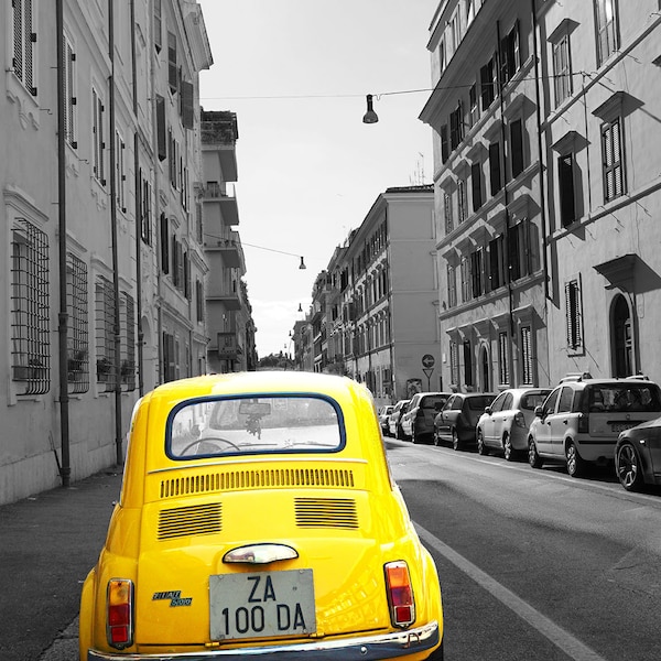 Rome Isolated Yellow Car Instant Download - Landscape City Photography Print Black and White