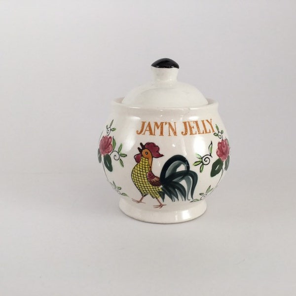 Rooster and Roses Jam'n Jelly Covered Lid, Spoon attached to Lid,Ceramic, PY, Early Provincial, Ucagco, Hand Painted Japan, 1950s