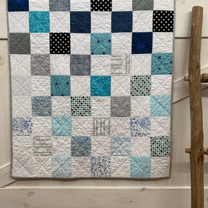 Handmade Modern baby quilt, Modern patchwork quilt, Blue baby quilt.