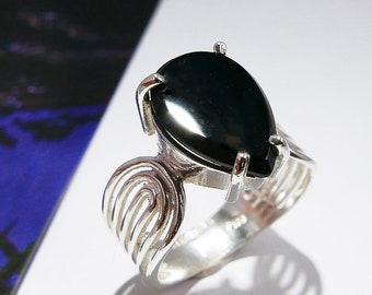 Black Onyx Ring, Pear-Shaped Glossy Large Midnight Ink Genuine Flat Black Onyx Cabochon, Dramatic Sterling Silver Cocktail Ring, Size 6 1/4