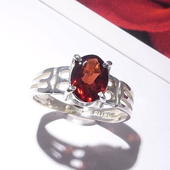 Garnet Ring With Baguette Sterling Silver Handmade Jewelry Emerald Cut January Birthstone Large