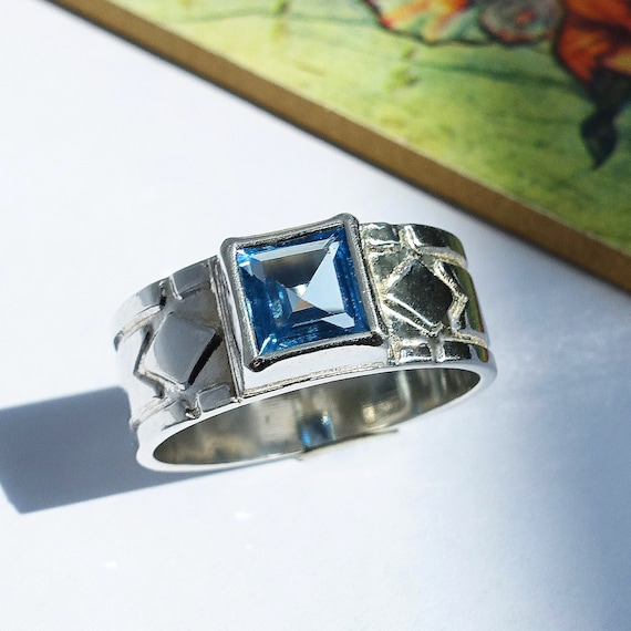 Princess Cut Synthetic Aquamarine Cubic Zirconia Three Stone Center Ring Sterling Silver Size 5