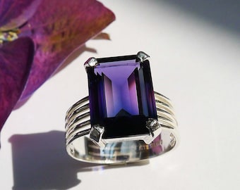 Violet Gemstone Ring, Emerald-Cut Purple Faceted Synthetic "Ultra" Gemstone, Sterling Silver Statement Cocktail Ring, Size 8 1/4