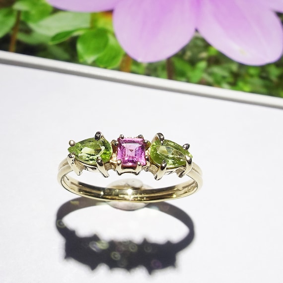 14K Solid Gold Pink Tourmaline and Peridot 1970s … - image 1