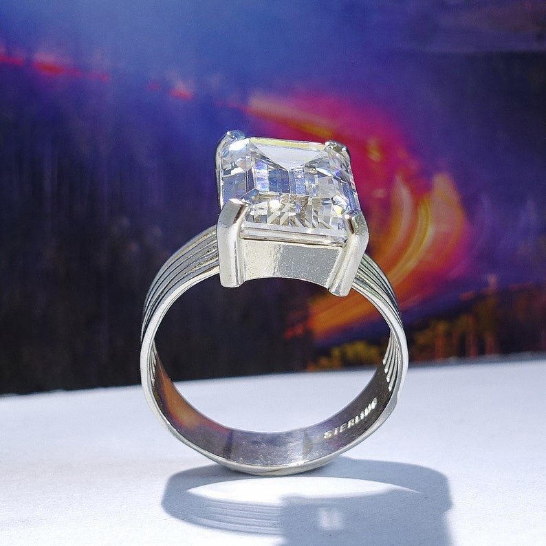Emerald-Cut Sparkling Ice Clear Lab-Made Faux Diamond CZ Size 8 12 Cubic Zirconia Silver Ring Large Sterling Silver Cocktail Ring
