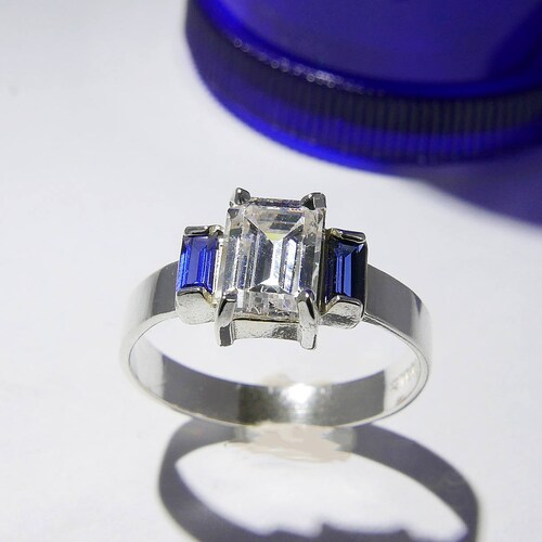 CZ and Sapphire Ring, Faceted Cubic shops Zirconia and Lab-Made Deep Blue Sapphire Baguettes, Three-Stone Sterling Silver Ring, Size 5 3/4
