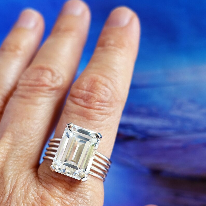 Emerald-Cut Sparkling Ice Clear Lab-Made Faux Diamond CZ Size 8 12 Cubic Zirconia Silver Ring Large Sterling Silver Cocktail Ring