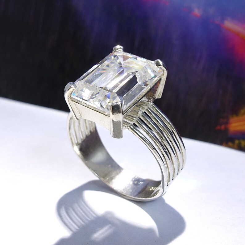 Emerald-Cut Sparkling Ice Clear Lab-Made Faux Diamond CZ Size 8 12 Cubic Zirconia Silver Ring Large Sterling Silver Cocktail Ring
