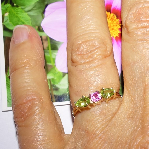 14K Solid Gold Pink Tourmaline and Peridot 1970s … - image 3