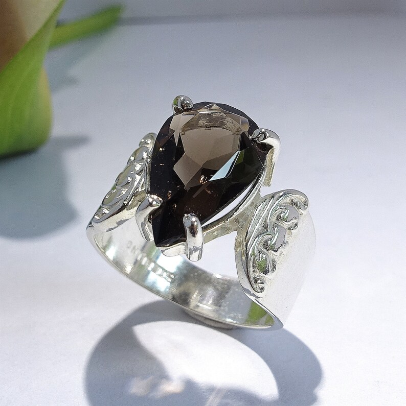 55Carat Natural Smoky Quartz Sterling Silver Ring - Adjustable Size 4-12, Handmade & Customizable