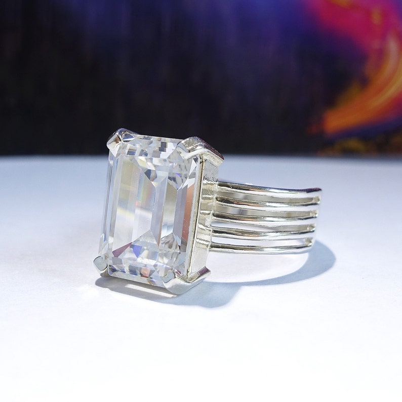 Emerald-Cut Sparkling Ice Clear Lab-Made Faux Diamond CZ Size 8 12 Cubic Zirconia Silver Ring Large Sterling Silver Cocktail Ring