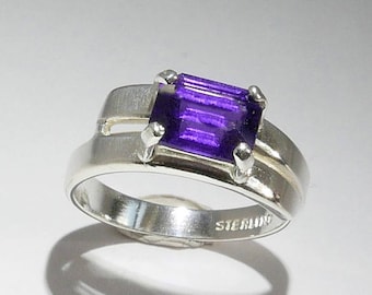 Emerald-Cut Amethyst Ring, Faceted Genuine Violet Lilac Royal Purple Gemstone, Sterling Silver Stacking Solitaire Ring, Size 6 1/2