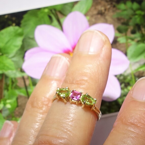 14K Solid Gold Pink Tourmaline and Peridot 1970s … - image 5