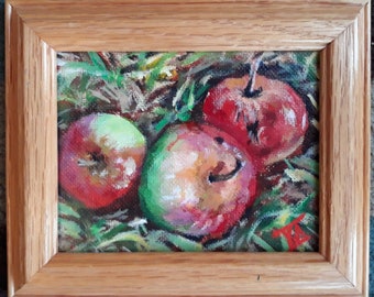 Windfallen Apples original miniature painting framed