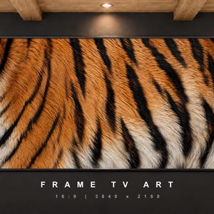 May include: A rectangular digital television display featuring a high-resolution close-up photograph of orange and black tiger fur stripes. The screen is mounted on a dark wall and displays the text FRAME TV ART 16:9 | 3840 x 2160 below it.