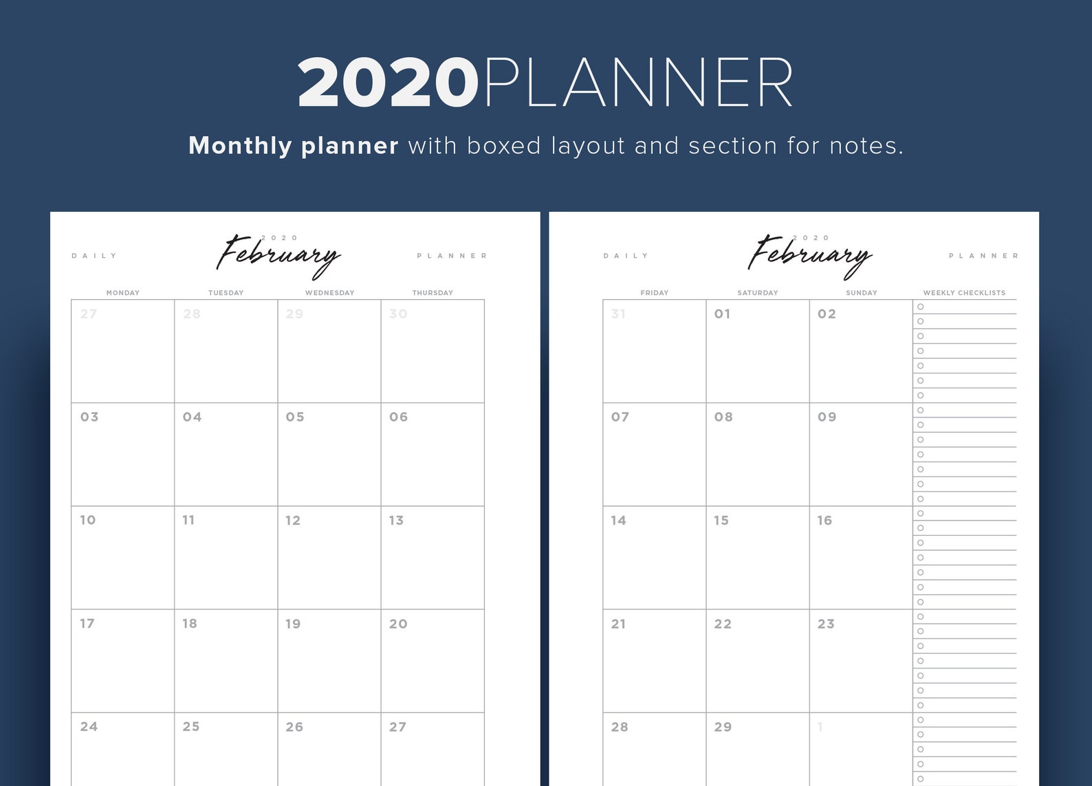 2020 Planner - Monthly Boxed Layouts - Digital Download PDF - Etsy