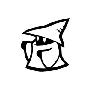 May include: Black and white cartoon illustration of a character wearing a pointed hat and a cloak. The character has a round face and small arms. The design is simple and bold, with thick black outlines.