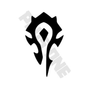 May include: Black and white graphic of the Horde symbol from the Warcraft video game series. The symbol is a stylized design with a central diamond shape and curved, pointed elements.