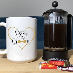 Sister of the Groom Personalized Wedding Party Coffee Mug by TheGlassyLass (Dishwasher & Microwave Safe)