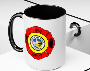 Las Vegas Fire Department Coffee Mug - Double Sided Black Accent Two Tone White Ceramic 15oz by TheGlassyLass