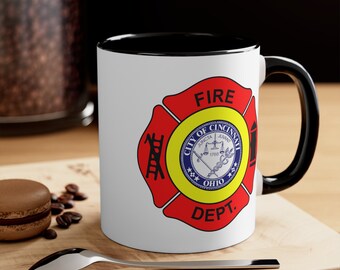 Cincinnati Fire Department Coffee Mug - Double Sided Black Accent White Ceramic 11oz by TheGlassyLass