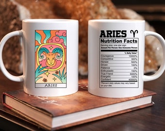 Aries Zodiac Tarot Card Coffee Mug Features Astrology Sign Front w/ Aquarius Nutritional Information on the Back by TheGlassyLass