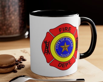 Dallas Fire Department Coffee Mug - Double Sided Print Black Accent White Ceramic 11oz by TheGlassyLass