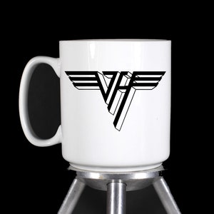 Van Halen Fandom Thermal Printed Large White Ceramic Coffee Mugs, Shot Glasses, and Water Bottles - Handmade by TheGlassyLass