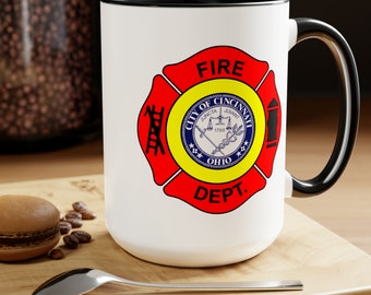 Cincinnati Fire Department Coffee Mug - Double Sided Black Accent White Ceramic 15oz by TheGlassyLass