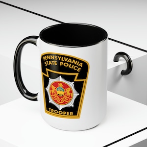 Pennsylvania State Police Coffee Mugs Double Sided Black Accent White Ceramic 15oz by TheGlassyLass image 1