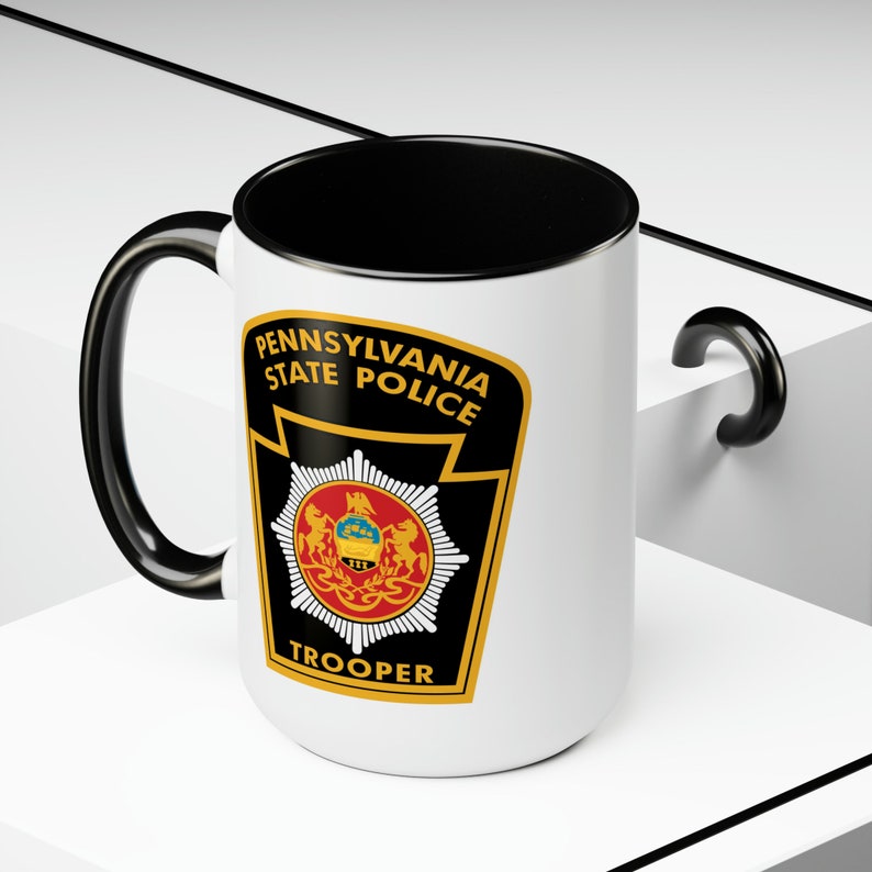 Pennsylvania State Police Coffee Mugs Double Sided Black Accent White Ceramic 15oz by TheGlassyLass image 1