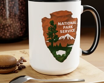 National Park Service Coffee Mug - Double Sided Black Accent White Ceramic 15oz by TheGlassyLass