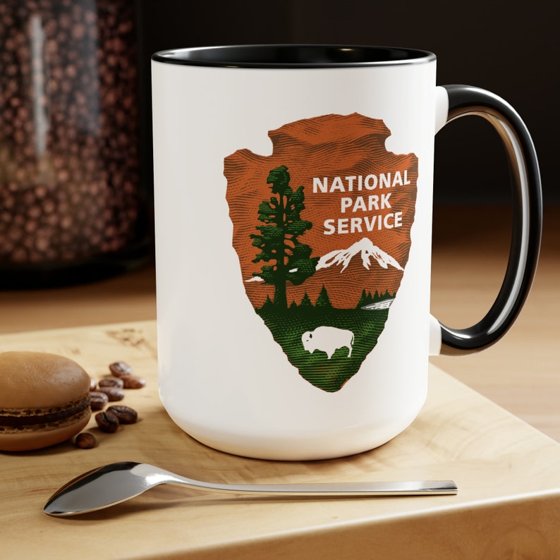 National Park Service Coffee Mug Double Sided Black Accent White Ceramic 15oz by TheGlassyLass image 1