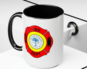 Miami Fire Department Coffee Mug - Double Sided Print Black Accent White Ceramic 15oz by TheGlassyLass