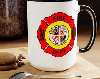 Baltimore Fire Department Coffee Mug - Double Sided Black Accent White Ceramic 15oz by TheGlassyLass