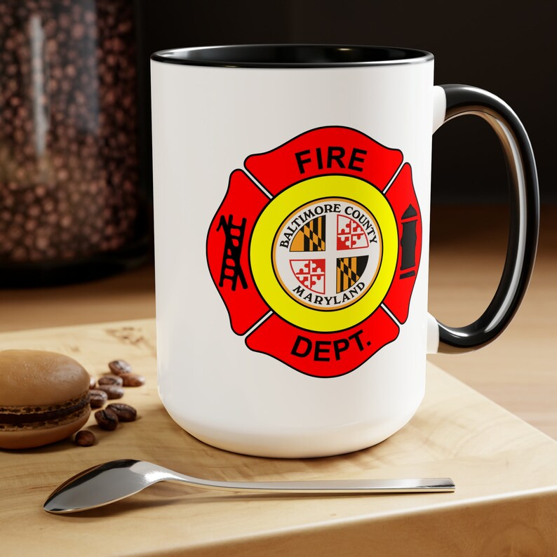 Baltimore Fire Department Coffee Mug Double Sided Black Accent White Ceramic 15oz by TheGlassyLass image 1