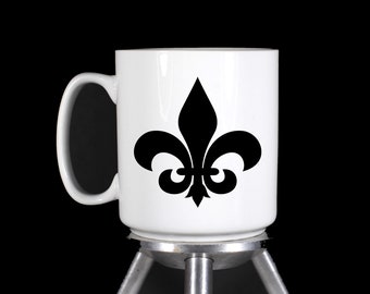 Fleur de Lis Logo - Thermal Printed Large White Ceramic Coffee Mug (Premium Quality) - Handmade by TheGlassyLass