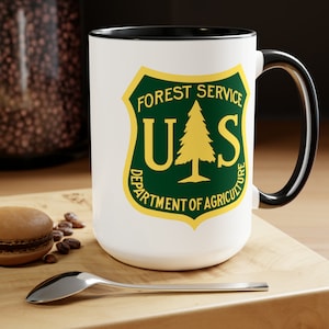 US Forest Service Coffee Mug Double Sided Black Accent White Ceramic 15oz by TheGlassyLass image 1