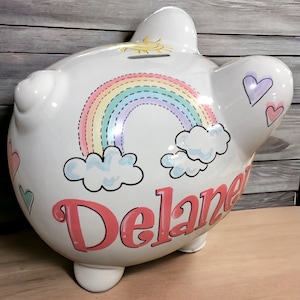 Large Piggy Bank- Pastel Rainbow Design