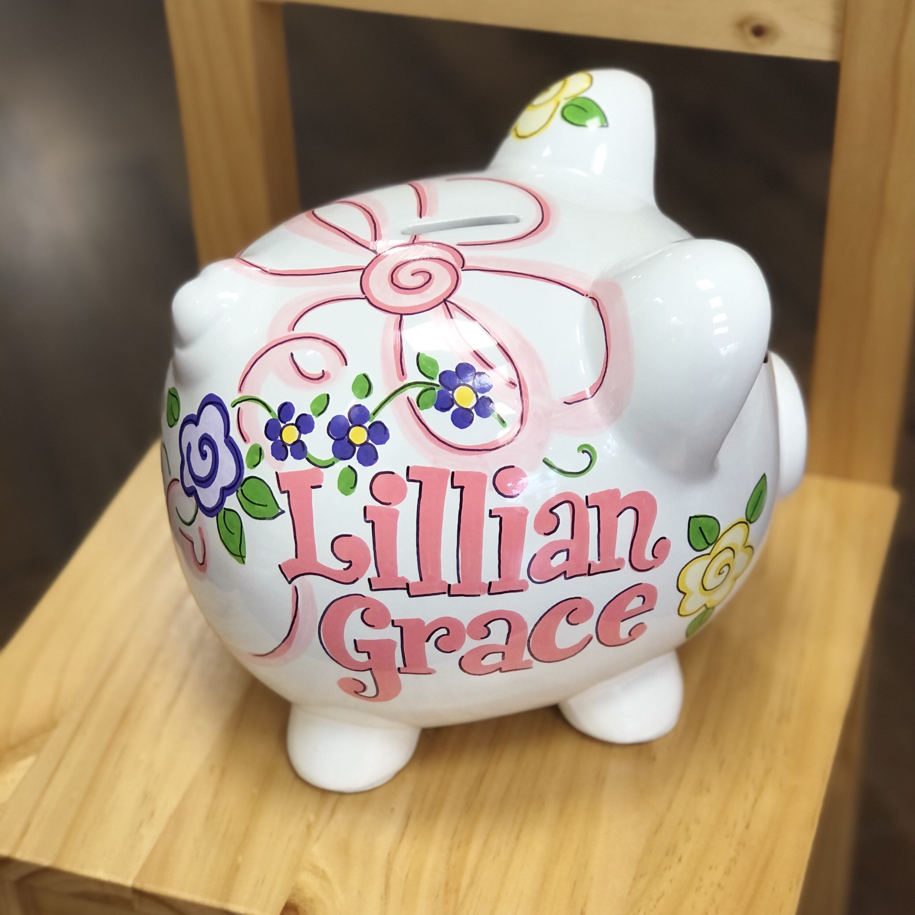 Large Piggy Bank- Wispy ribbon Design