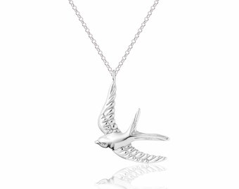 Silber fliegende Schwalbe Anhänger, Sterling Silber Schwalbe, Silber 925 Vogel Halskette, Vogel Anhänger, lange Halskette, Silber Vogel Schmuck