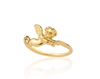Bague Cupidon plaquée or 24 carats, ange ailé, argent sterling