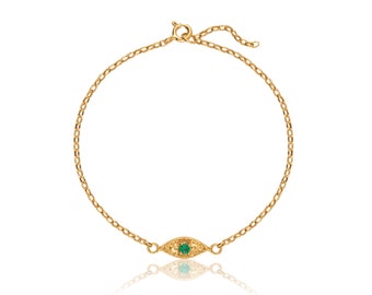 Bracelet œil vert, bracelet mauvais œil, petit œil doré, bracelet chaîne mauvais œil