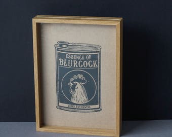 Essence of Blurcock. Original Vintage Advertisement Inspired Linocut Printmaking from Singapore