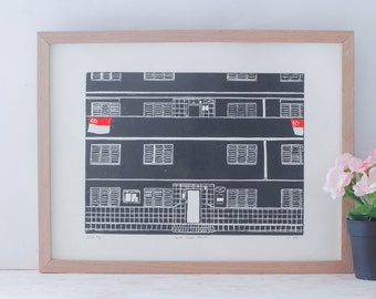 Dakota Crescent Block 14 HDB - Architecture Lino Prints, Singapore Linocut Printmaking, Christmas Gift Ideas, Vintage Singapore